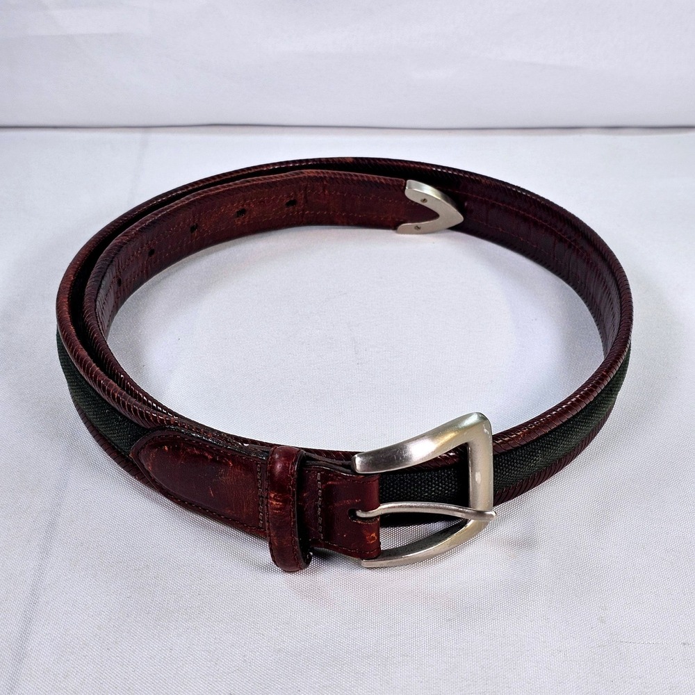 Orvis Mens Brown Leather Green Canvas Inlay Belt Silver Buckle 2179 Mahogany 36